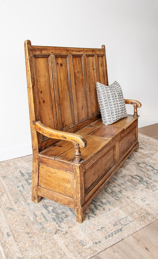 19th Century English Pine Settle Bench with Storage Seat