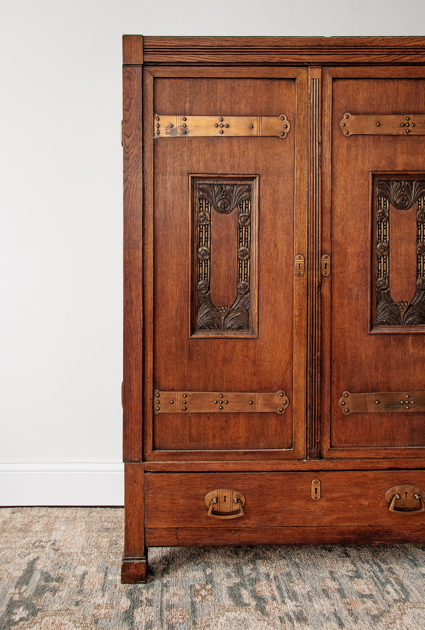 Antique Arts and Crafts Oak Armoire | c. 1900s with Copper Strapwork