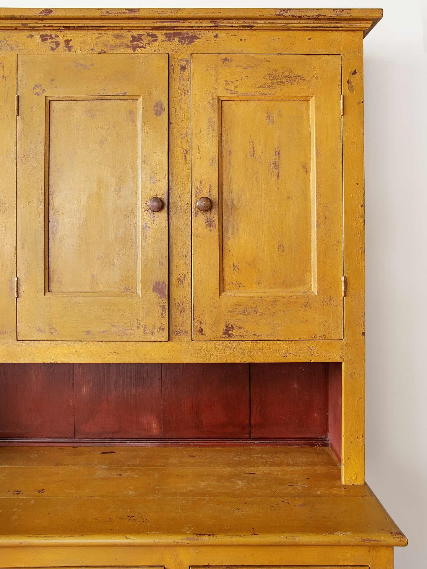 1800s New England Painted Pine Stepback Cupboard in Original Mustard Paint