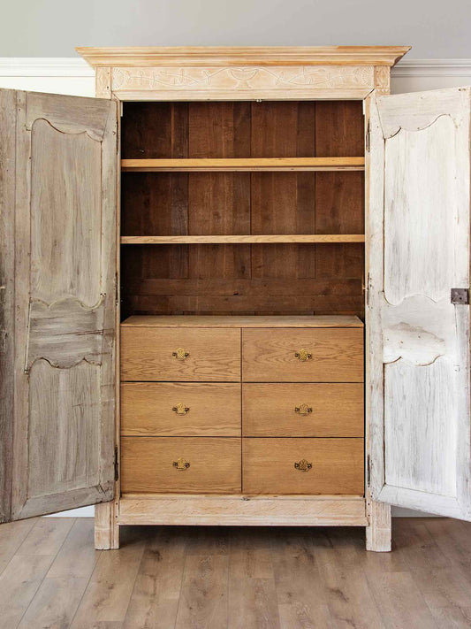 Antique French Norman Marriage Armoire - Bleached Oak with Custom Six-Drawer Interior| Late 18th to Early 19th Century