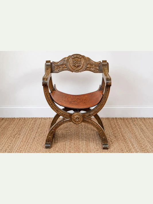 Antique Spanish Renaissance Revival Dante Chair with Carved Heraldic Crest & Leather Sling Seat