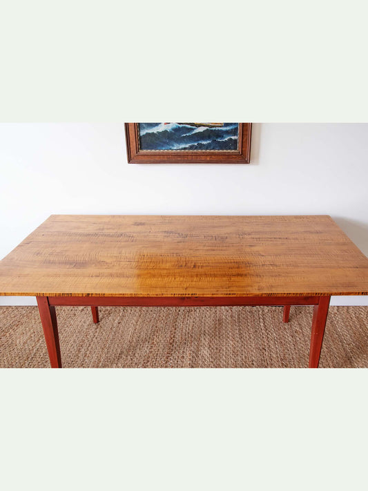 Benchmade Tiger Maple Farmhouse Dining Table with Red-Painted Base
