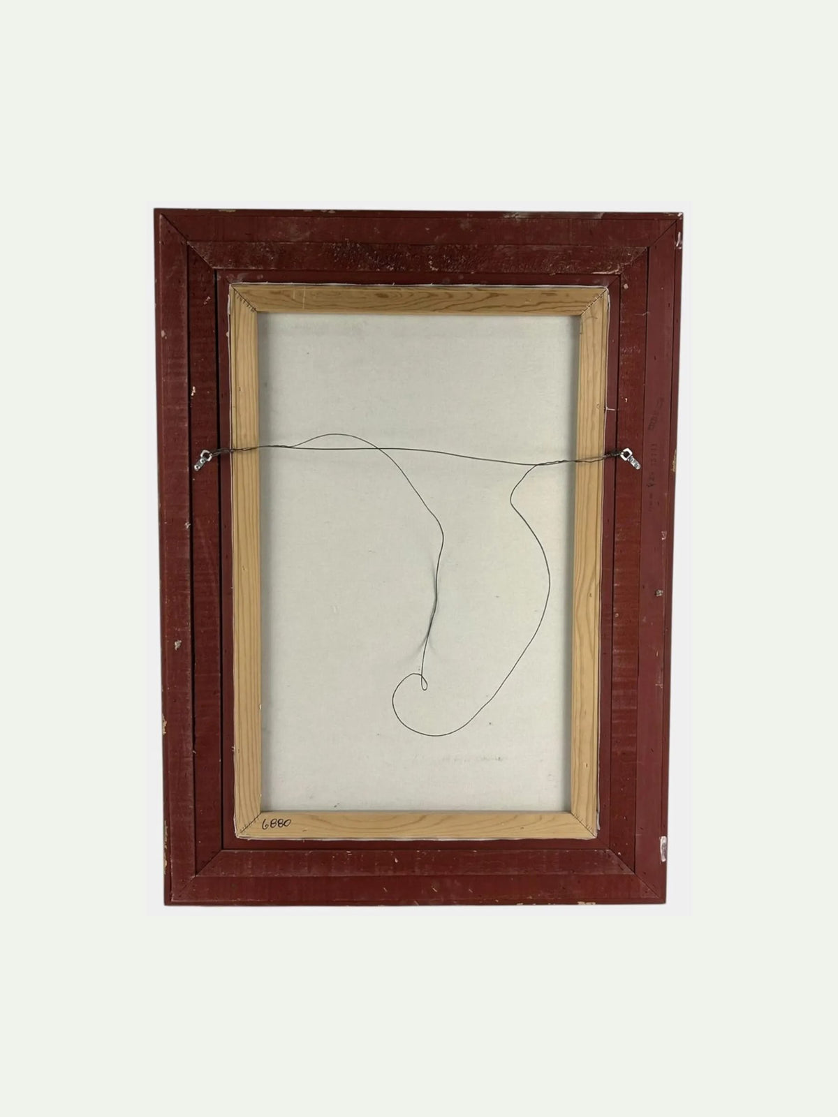 The back of a framed abstract line drawing, featuring a reddish-brown outer frame, a light wood inner frame, and a white canvas background with a thin, looping gray line.