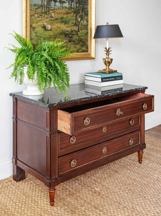 French Louis XVI Style Mahogany Commode with Black Fossil Marble Top