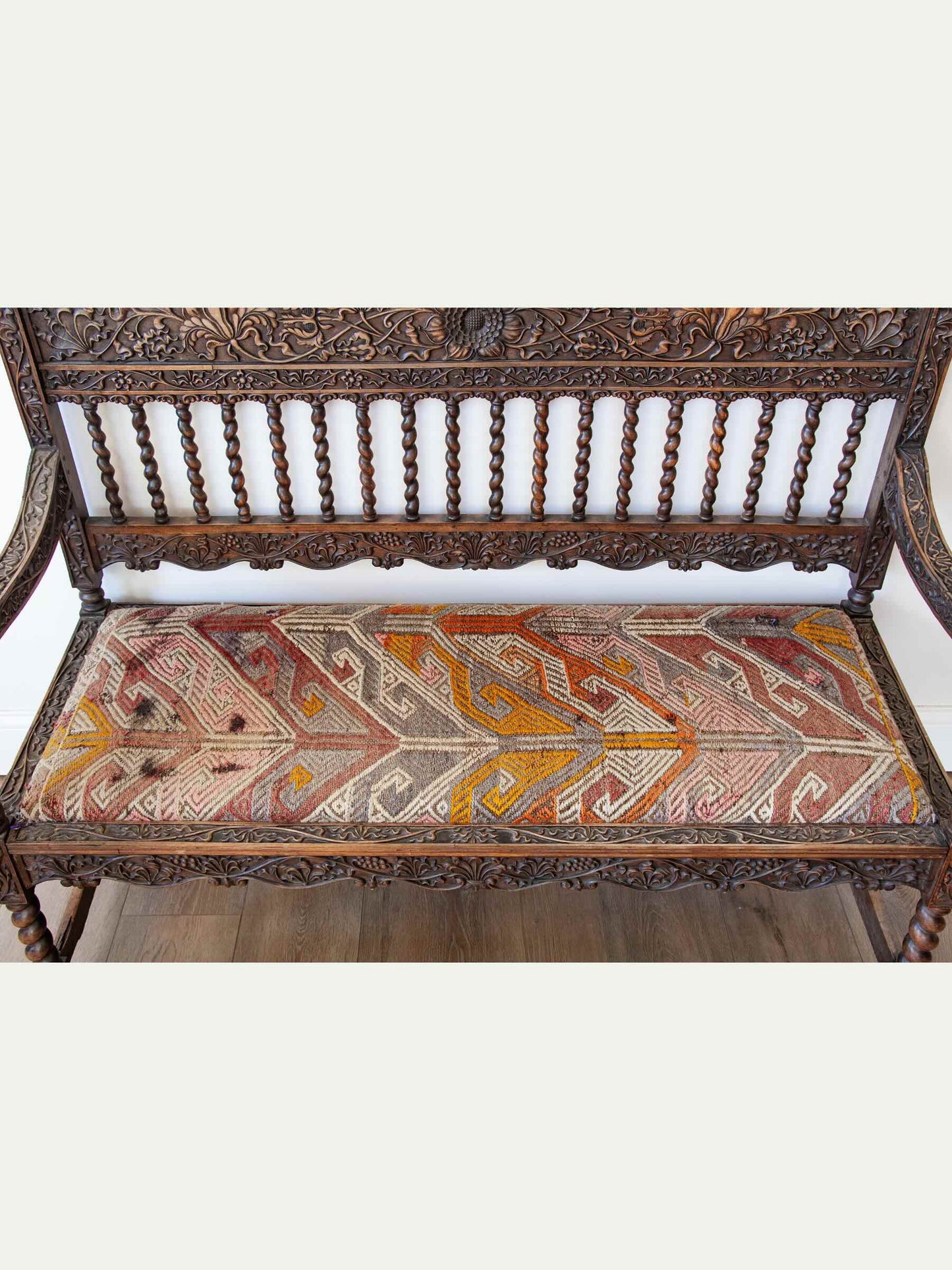 Late 19th Century English Jacobean Revival Carved Hall Bench with Vintage Turkish Kilim Upholstery
