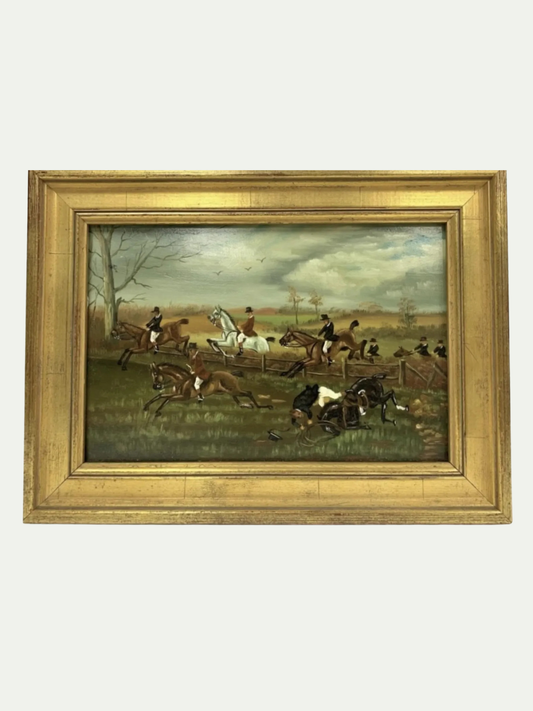 Oil on Board | English Sporting Fox Hunt Steeplechase in Gilt Frame