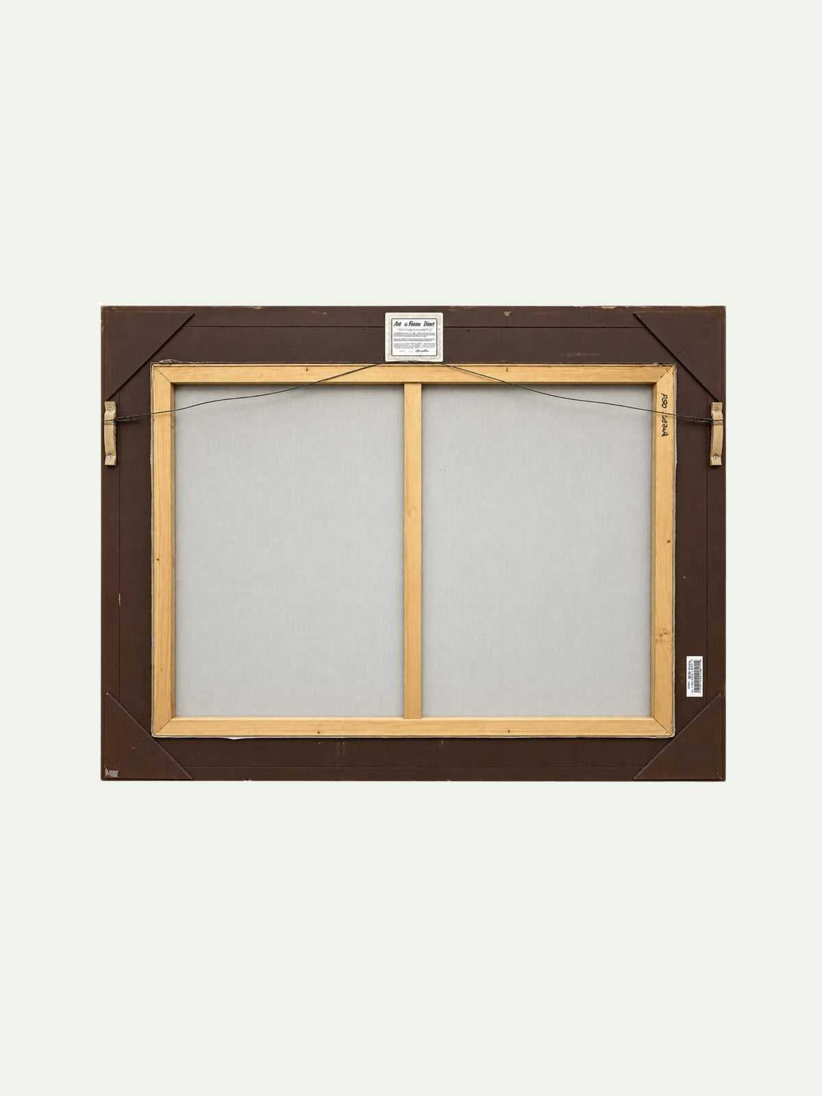 The back view of a framed canvas print, showing a dark brown wooden frame with light natural wood crossbars and a light gray stretched canvas backing, set against a solid off-white background.