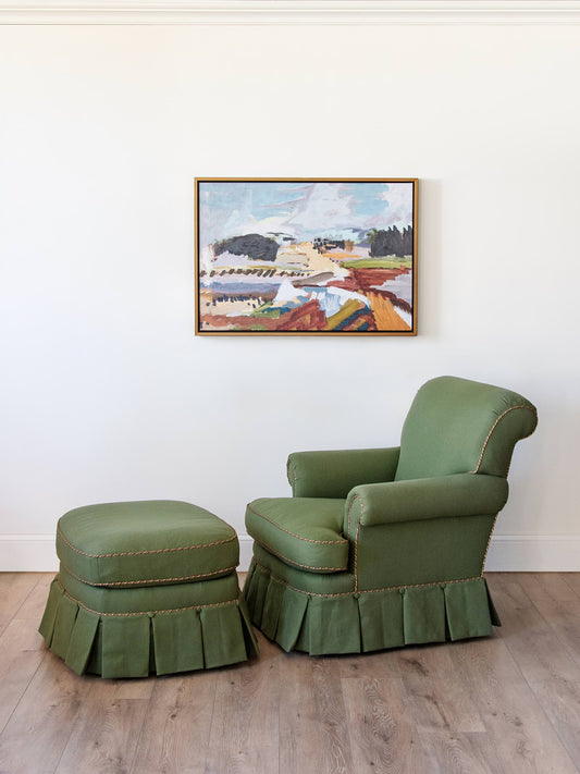 Pair of Olive Green Wool Upholstered Club Chairs with Pleated Skirts and Decorative Rope Trim