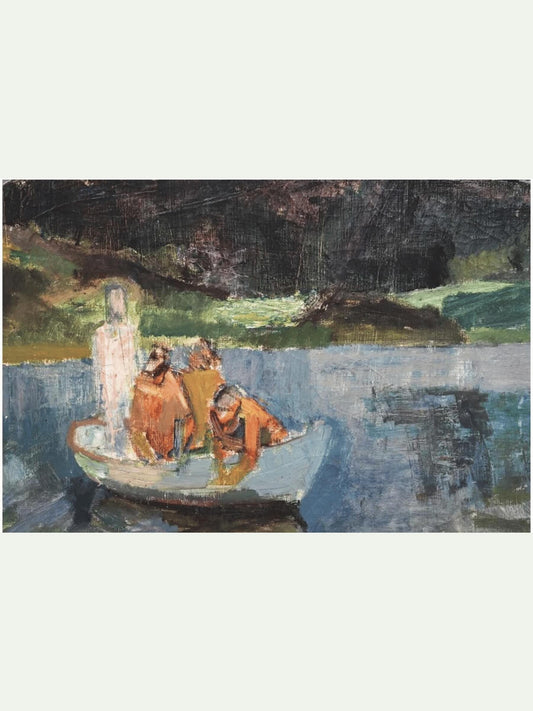 expressionist oil painting of figures in a boat