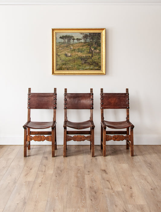 Set of 6 Spanish Colonial Handmade Leather Dining Chairs