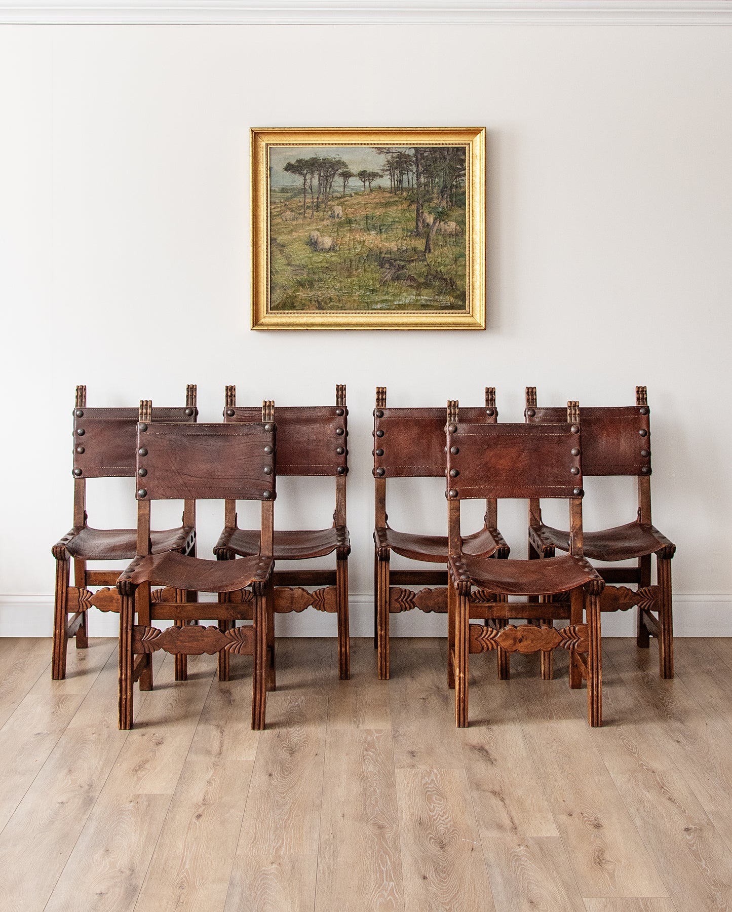 Set of 6 Spanish Colonial Handmade Leather Dining Chairs