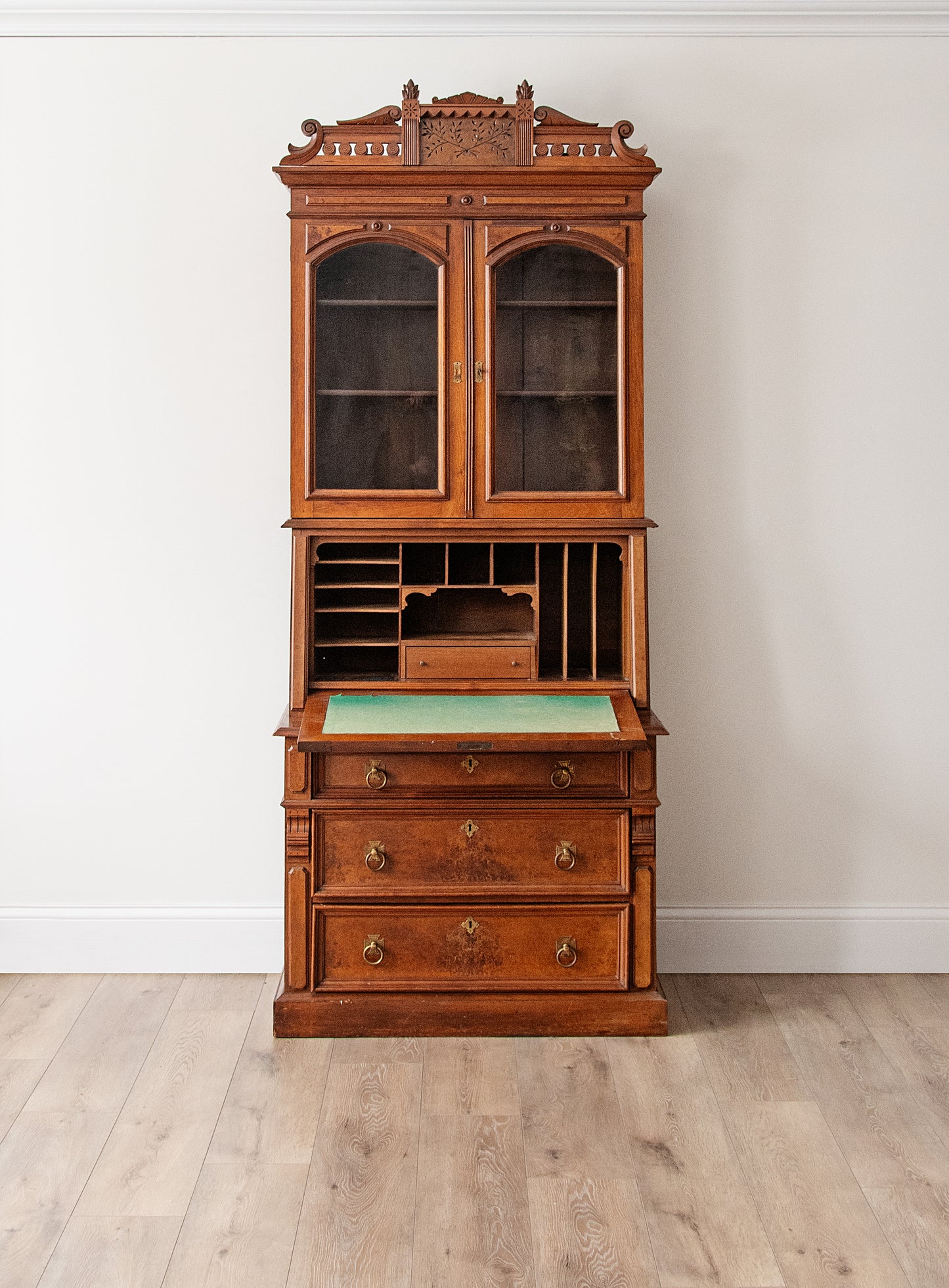 Antique Victorian Eastlake Walnut Secretary Desk with Bookcase – Carved Pediment, Drop-Front Writing Desk, c.1880