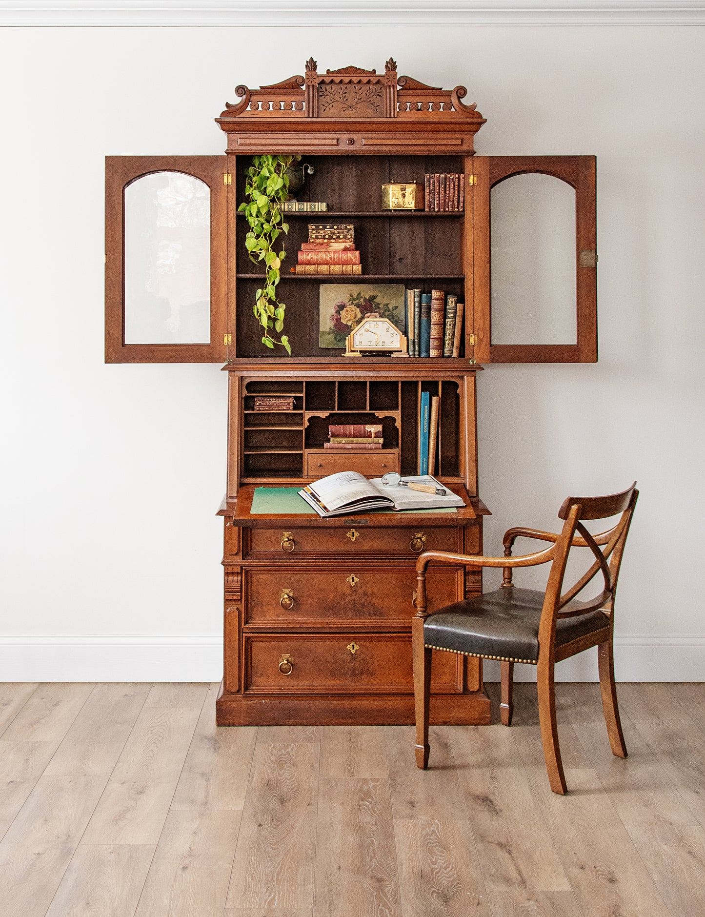 Antique Victorian Eastlake Walnut Secretary Desk with Bookcase – Carved Pediment, Drop-Front Writing Desk, c.1880