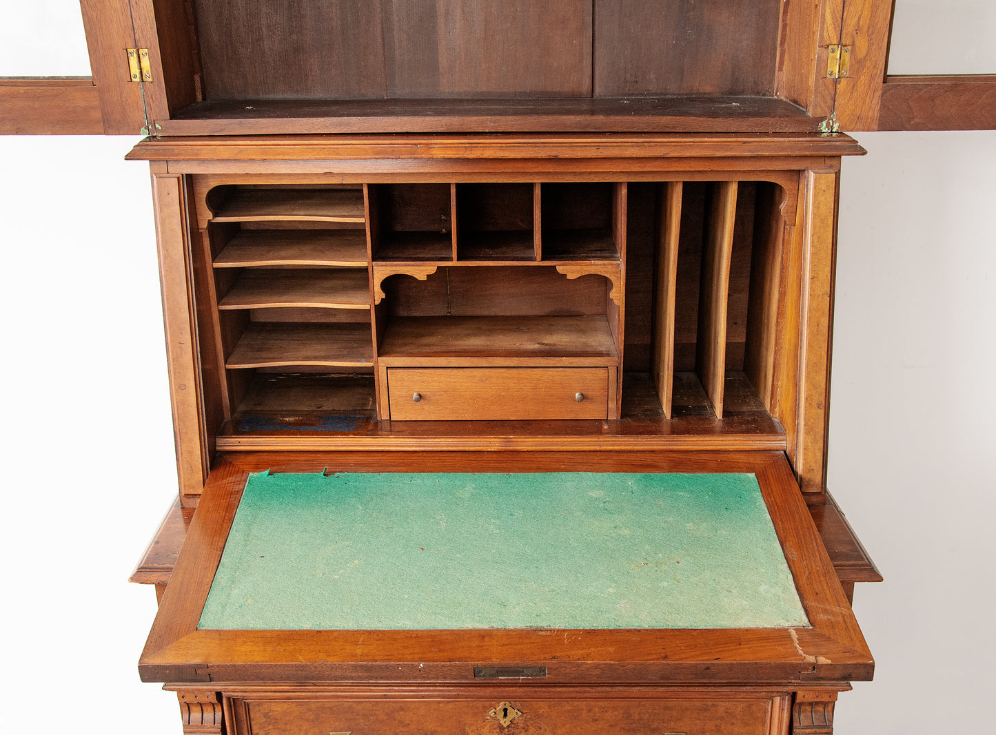 Antique Victorian Eastlake Walnut Secretary Desk with Bookcase – Carved Pediment, Drop-Front Writing Desk, c.1880