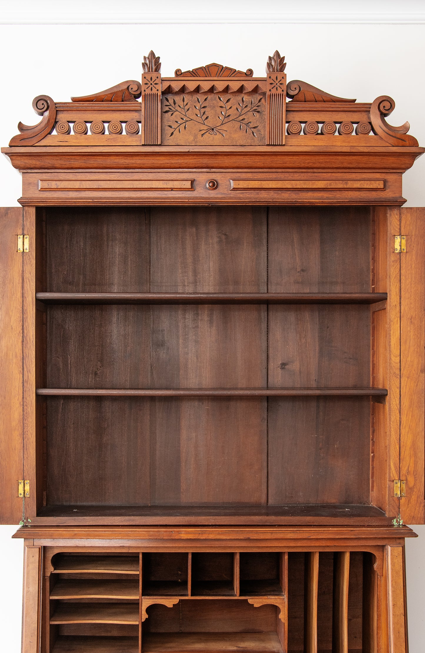 Antique Victorian Eastlake Walnut Secretary Desk with Bookcase – Carved Pediment, Drop-Front Writing Desk, c.1880