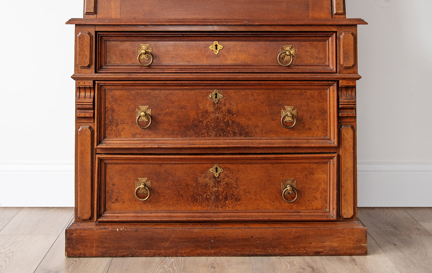 Antique Victorian Eastlake Walnut Secretary Desk with Bookcase – Carved Pediment, Drop-Front Writing Desk, c.1880