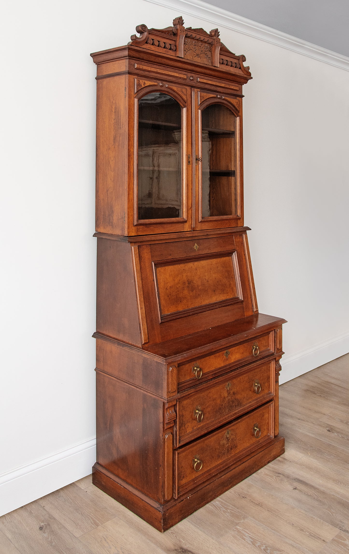 Antique Victorian Eastlake Walnut Secretary Desk with Bookcase – Carved Pediment, Drop-Front Writing Desk, c.1880