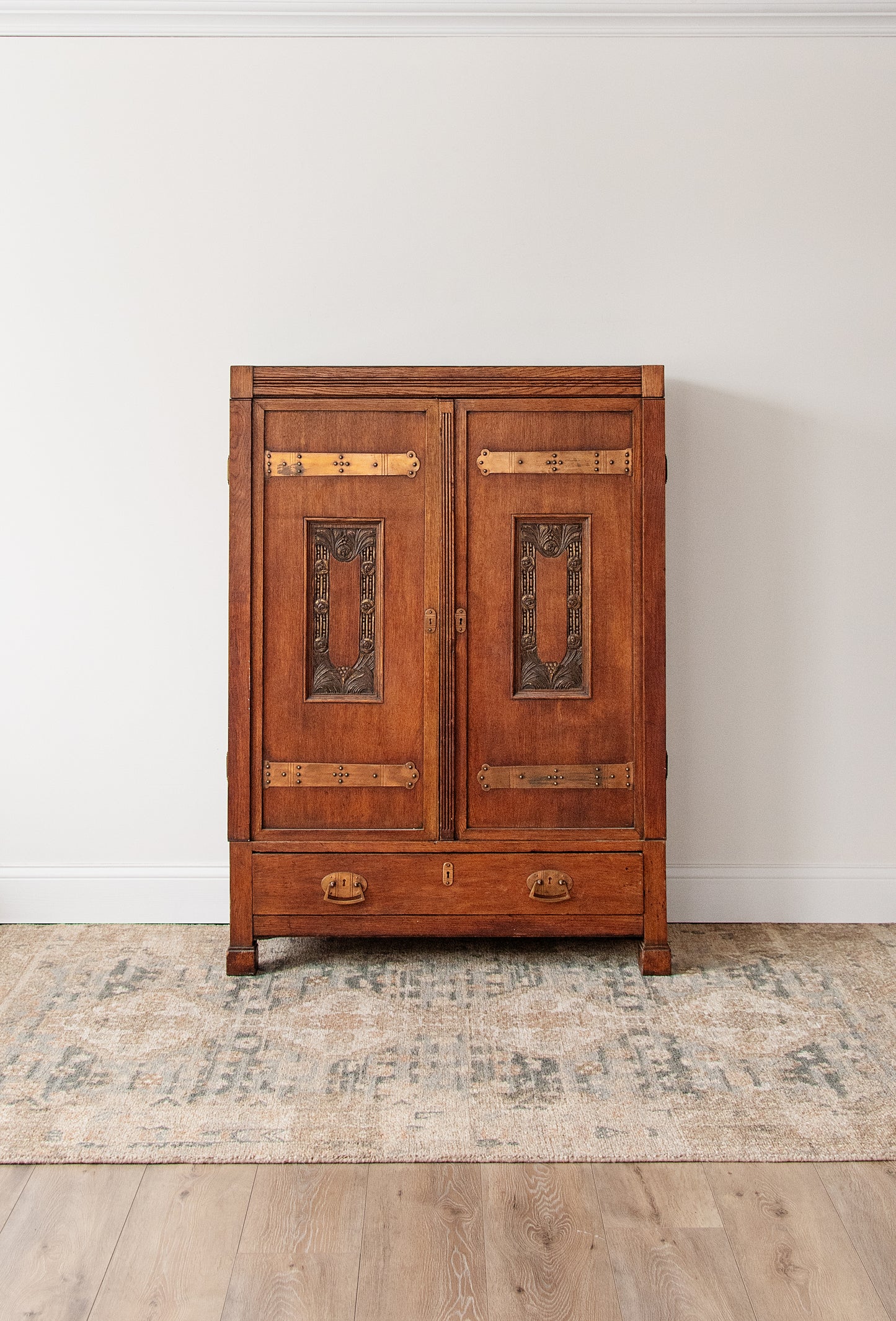 Antique Arts and Crafts Oak Armoire | c. 1900s with Copper Strapwork