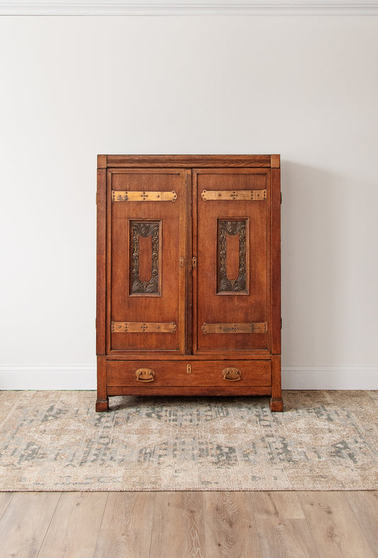 Antique Arts and Crafts Oak Armoire | c. 1900s with Copper Strapwork