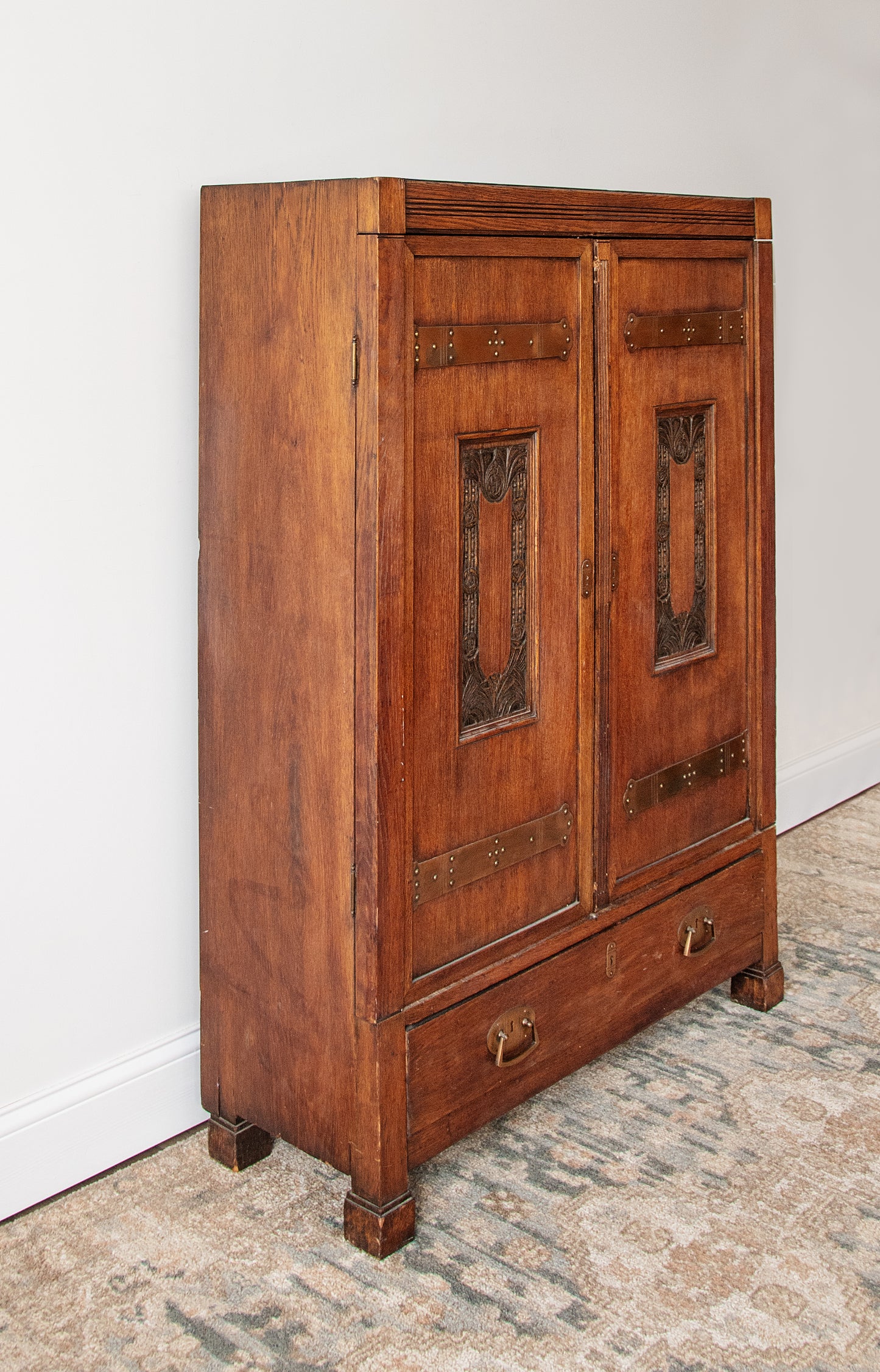 Antique Arts and Crafts Oak Armoire | c. 1900s with Copper Strapwork