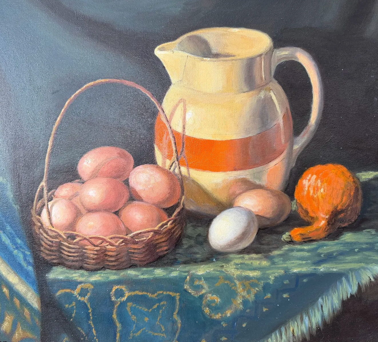 Still Life Oil on Canvas Painting – “Pitcher With Orange Band" Signed M. Hogdson
