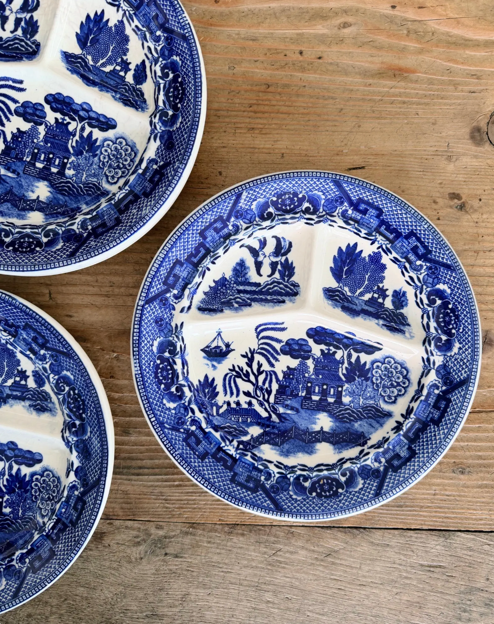 1920s Set of 6 Blue Willow Transferware Divided Plates