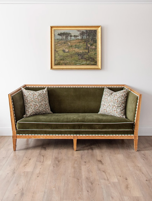 Mattaliano Custom Oak Framed Sofa with Olive Green Velvet Upholstery