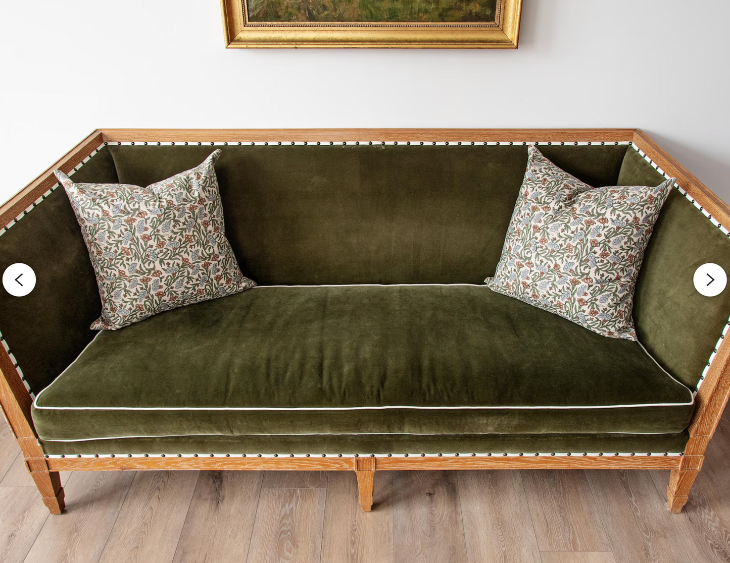 Mattaliano Custom Oak Framed Sofa with Olive Green Velvet Upholstery