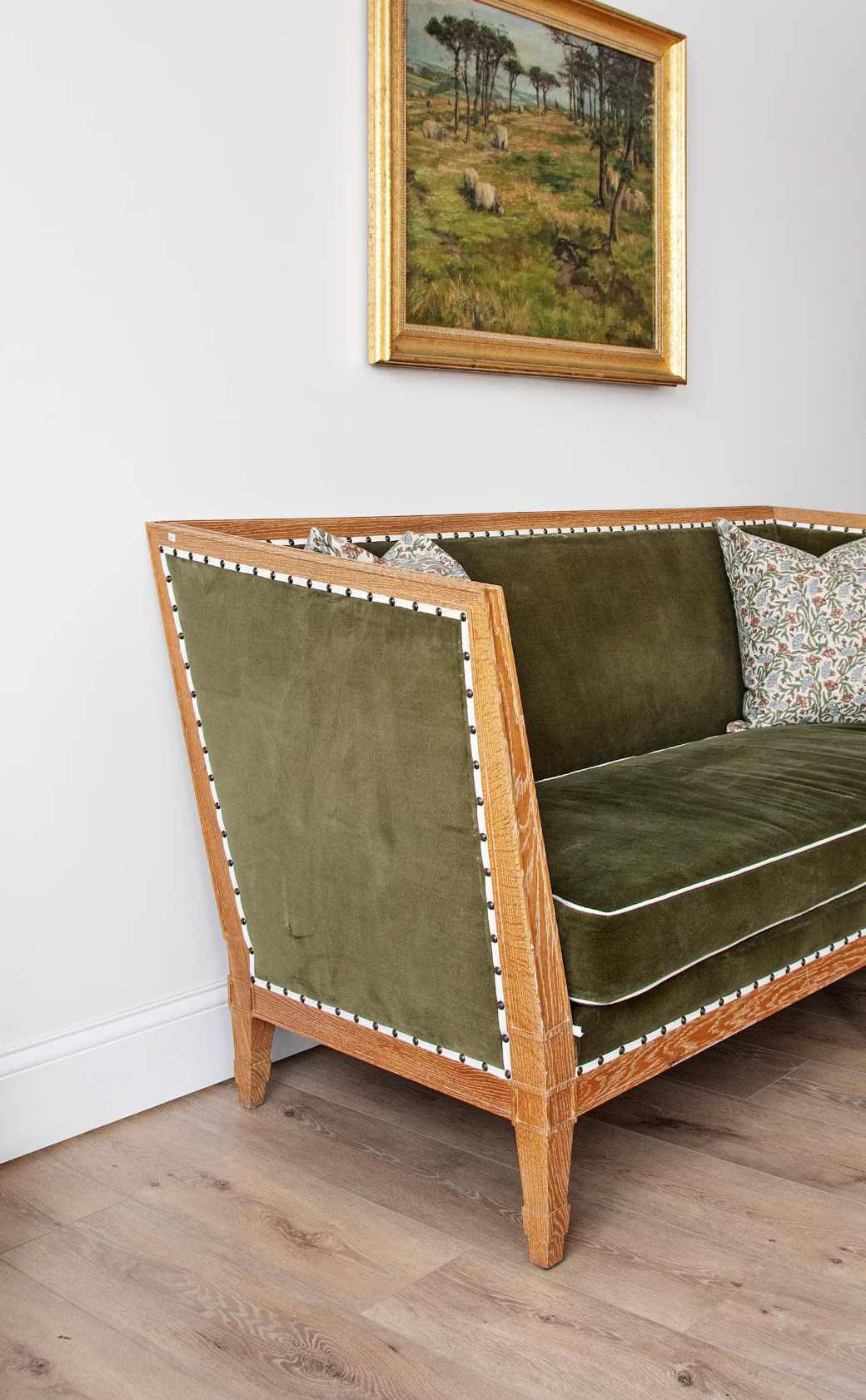 Mattaliano Custom Oak Framed Sofa with Olive Green Velvet Upholstery