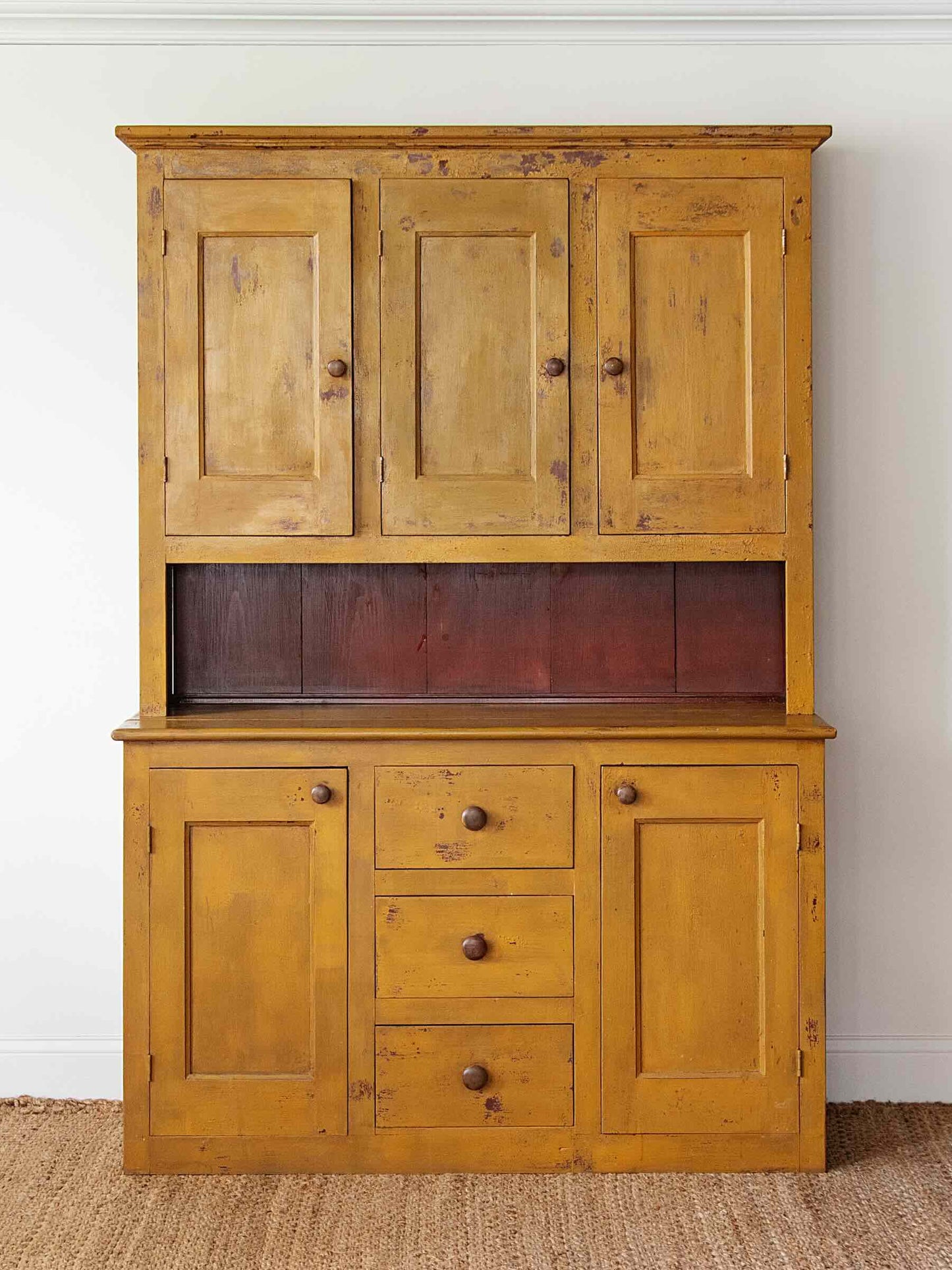 1800s New England Painted Pine Stepback Cupboard in Original Mustard Paint