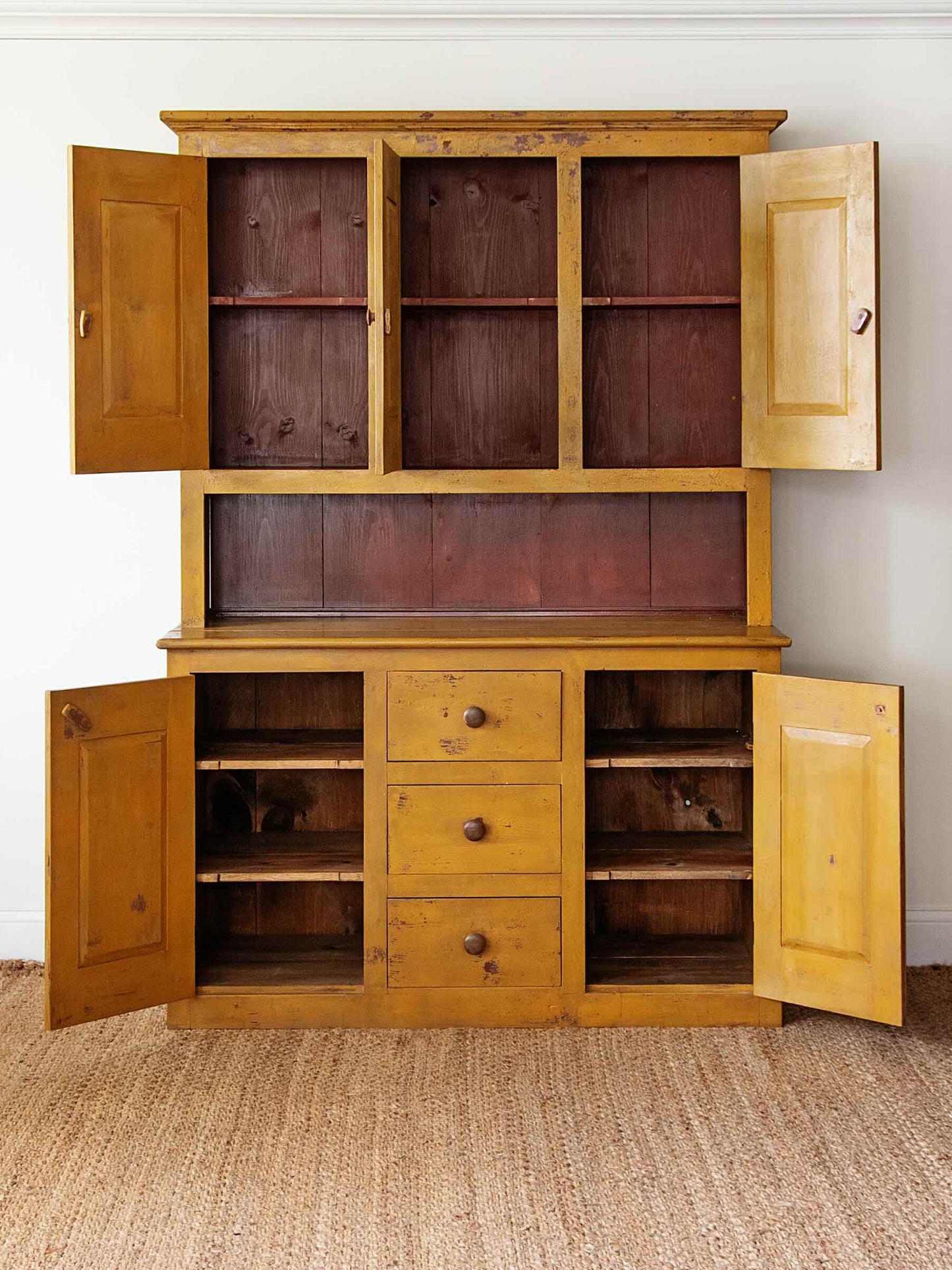 1800s New England Painted Pine Stepback Cupboard in Original Mustard Paint