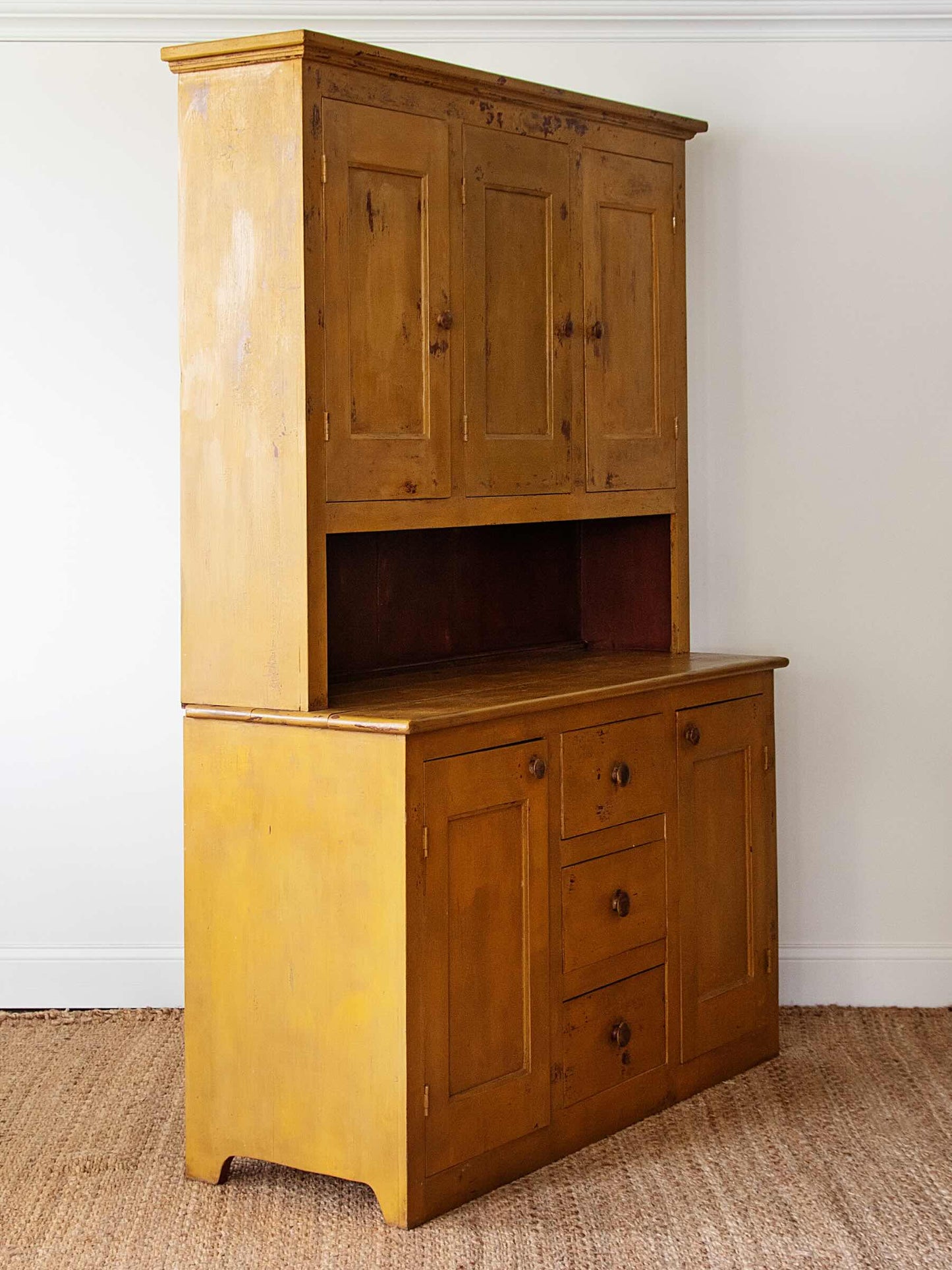 1800s New England Painted Pine Stepback Cupboard in Original Mustard Paint