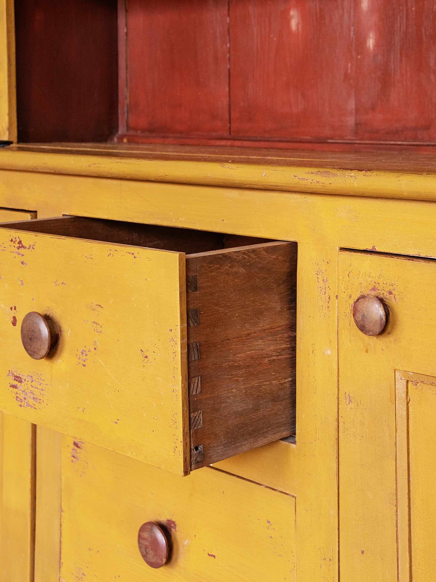 1800s New England Painted Pine Stepback Cupboard in Original Mustard Paint
