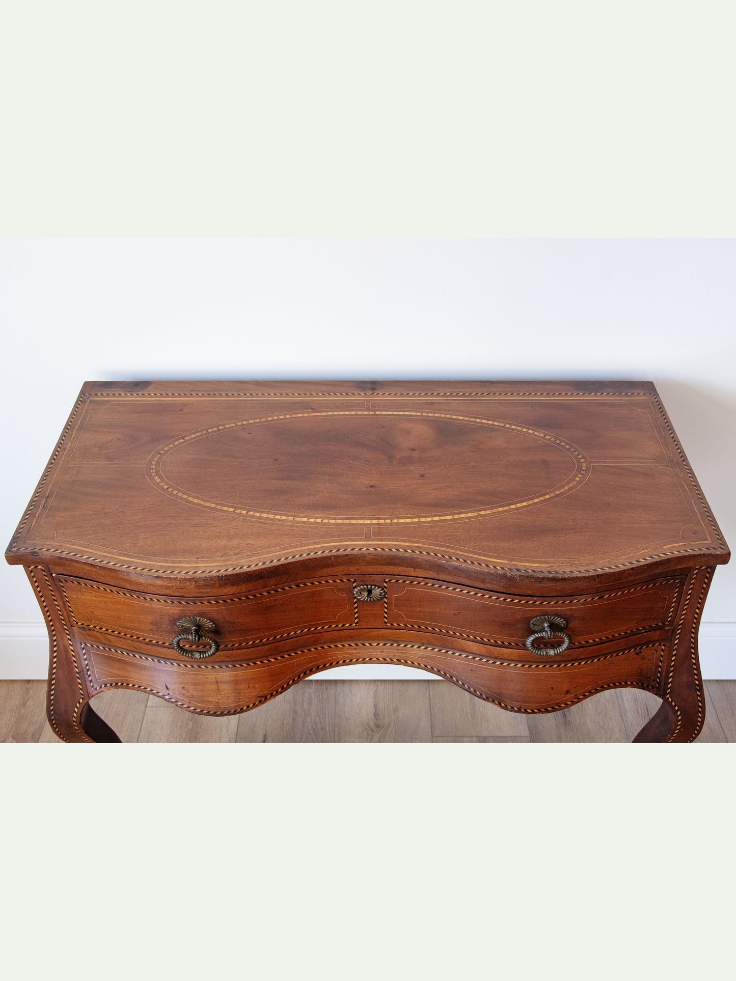 18th Century French Provincial Walnut Table with Serpentine Front & Marquetry Inlay