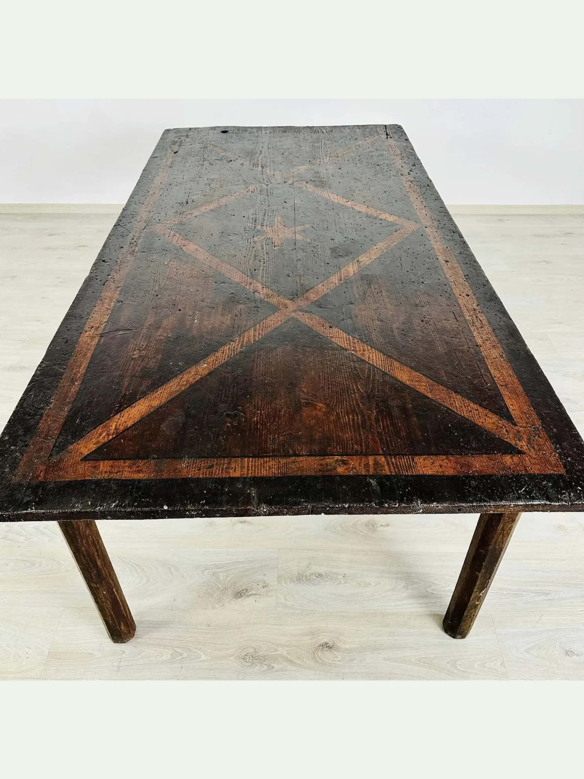 18th Century Italian Rustic Farmhouse Table with Geometric Inlaid Top