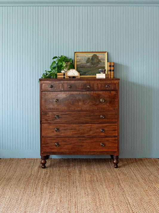 A vintage dark brown wooden chest of drawers with five drawers and brass knobs, styled with a plant, picture frame, and books on top, set against a blue-beaded wall and woven jute rug.