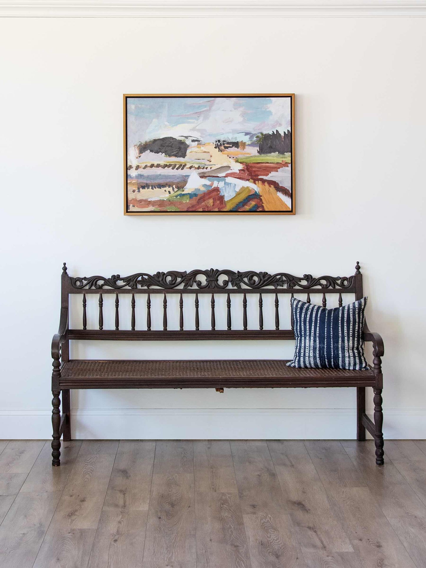 19th Century Anglo-Indian Hand-Carved Hardwood Hall Bench with Original Cane Seat