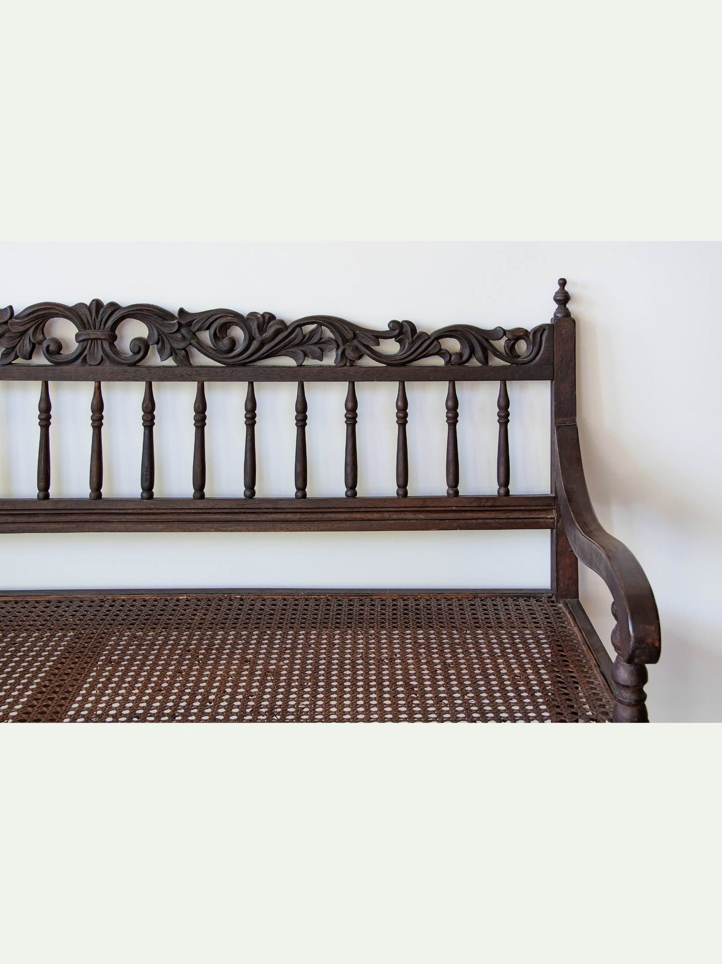 19th Century Anglo-Indian Hand-Carved Hardwood Hall Bench with Original Cane Seat