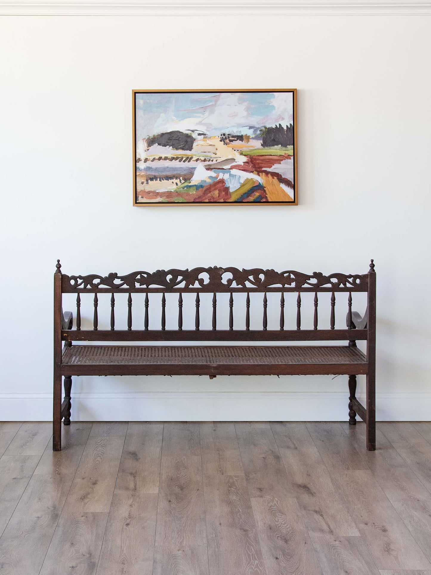 19th Century Anglo-Indian Hand-Carved Hardwood Hall Bench with Original Cane Seat