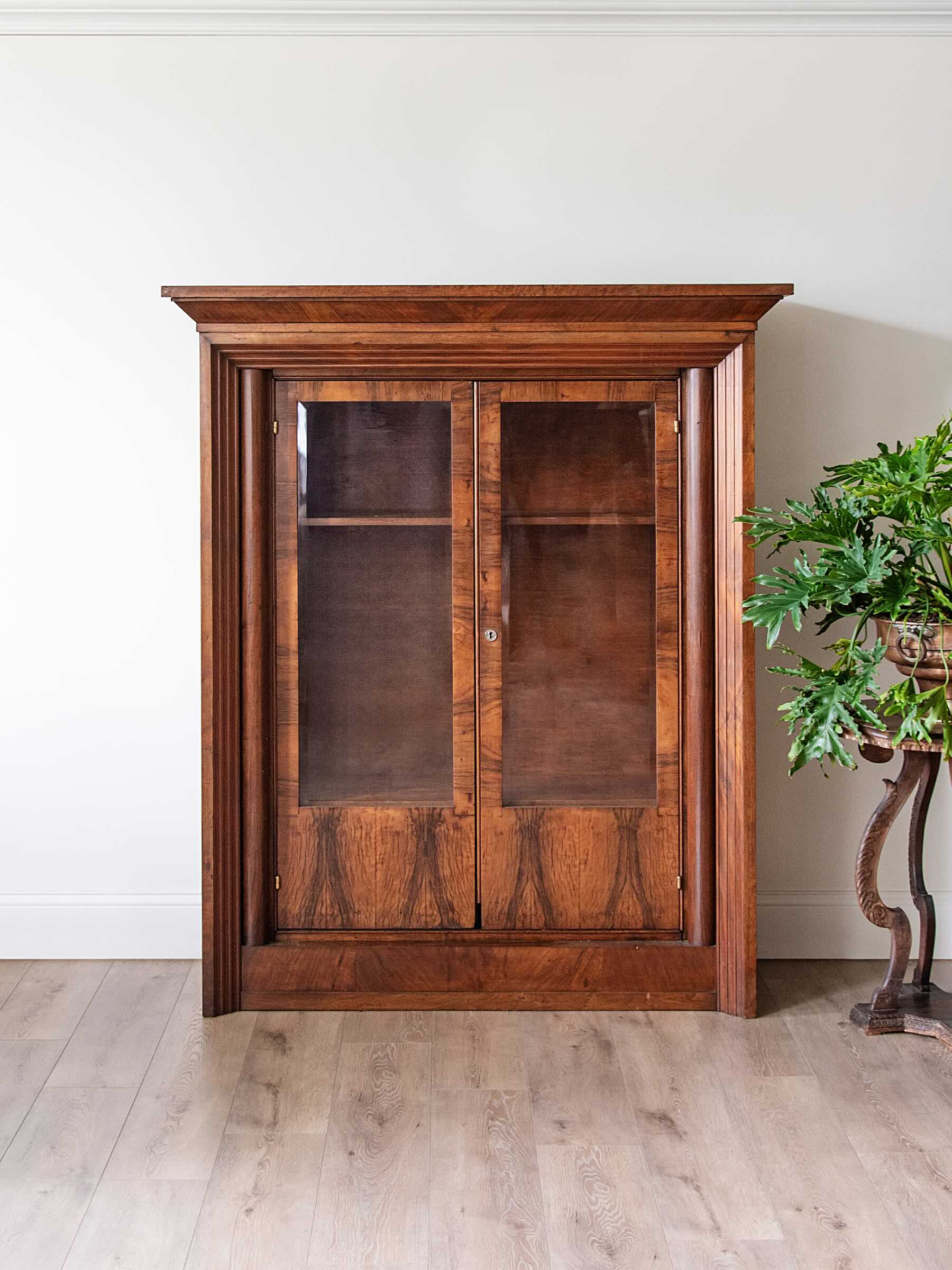 A tall, dark brown wooden cabinet with two glass-paneled doors and open shelving, set against a white wall on a light wood floor next to a potted green plant.