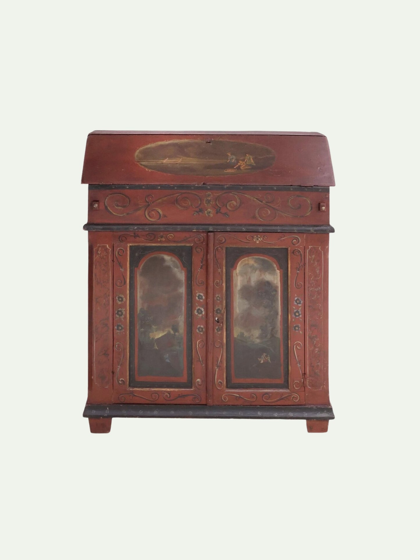 19th C. Continental Painted Slant-Front Secretary With Figural Scenes
