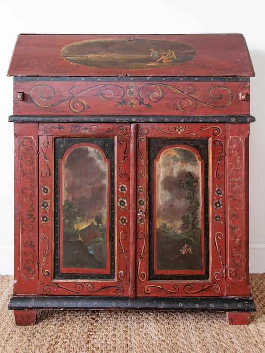 red painted slant front secretary with figural scenes