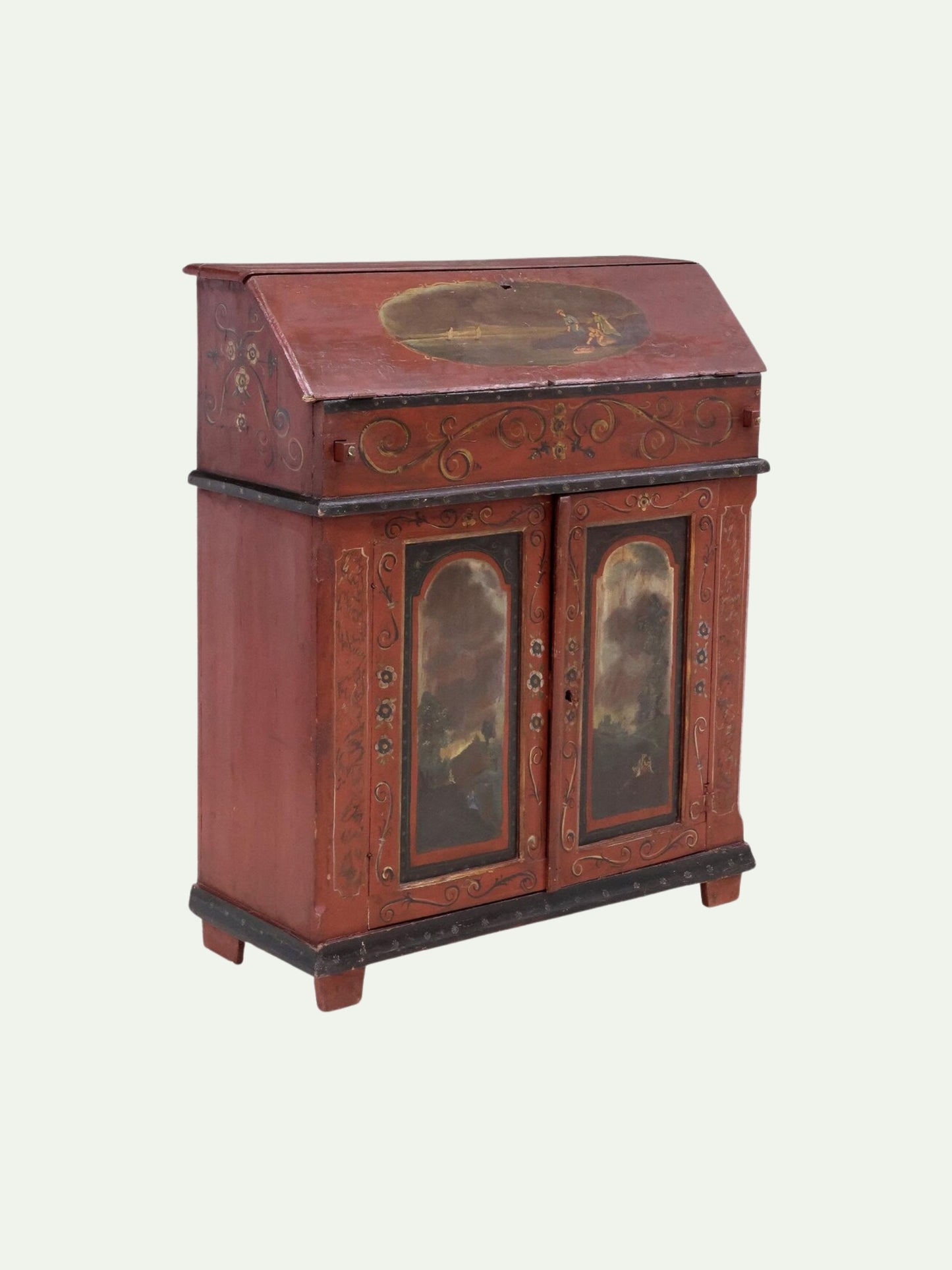 19th C. Continental Painted Slant-Front Secretary With Figural Scenes