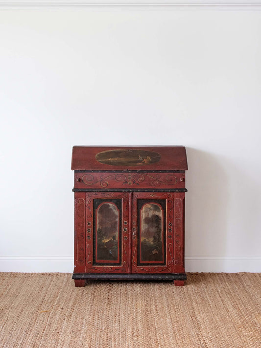 red painted slant front secretary with figural scenes