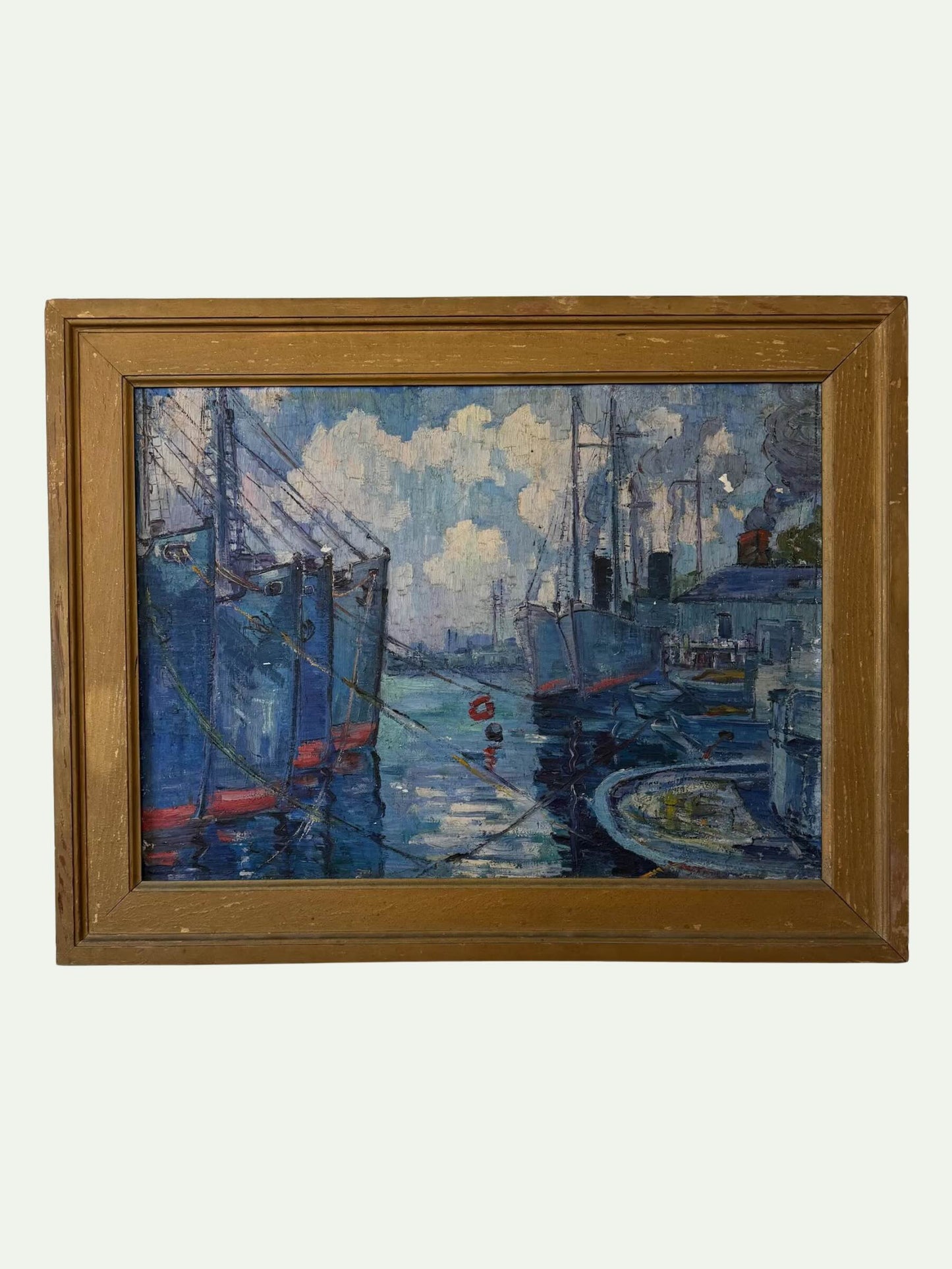 Antique Oil on Canvas - New England Harbor Scene