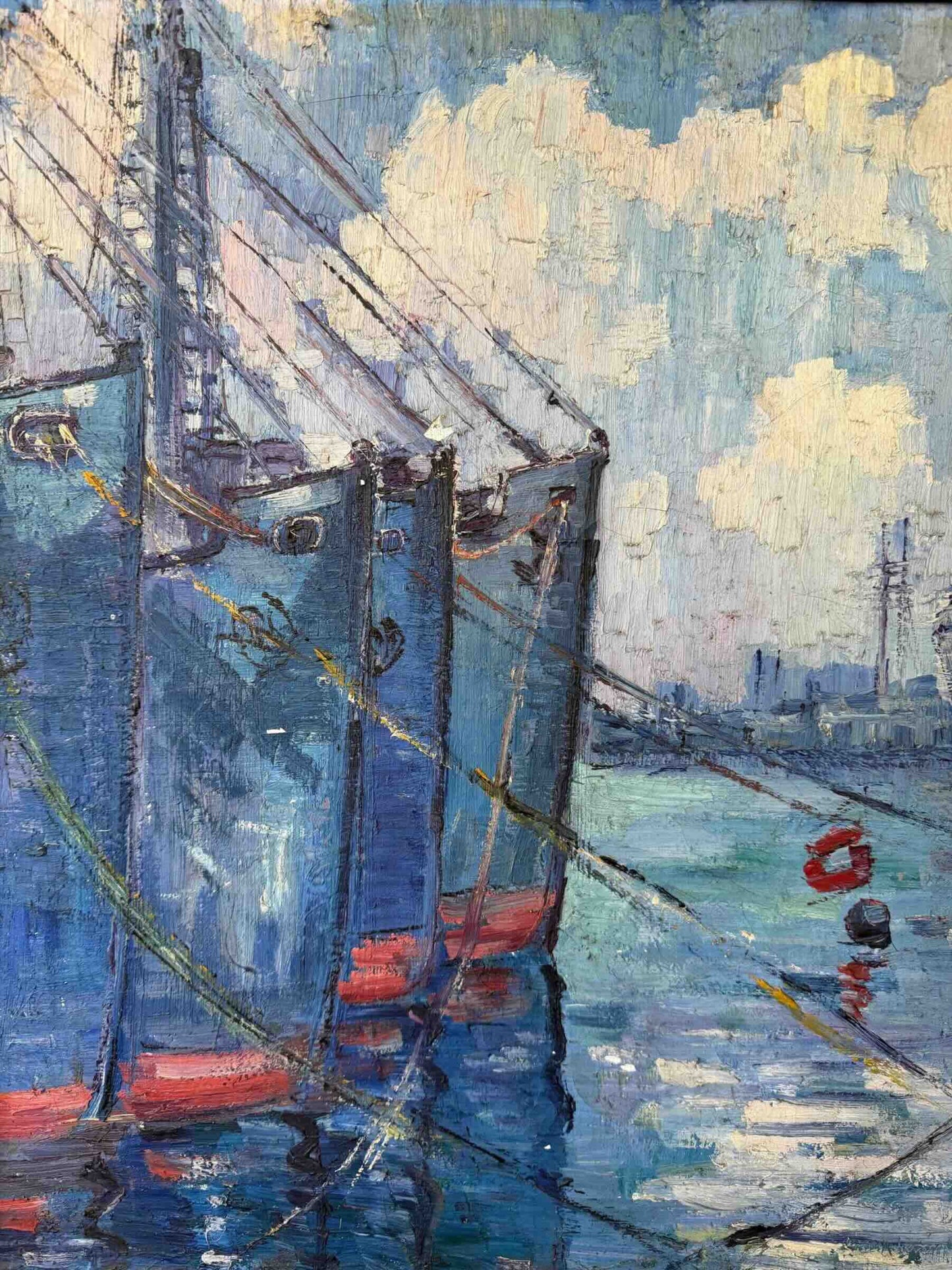 Antique Oil on Canvas - New England Harbor Scene