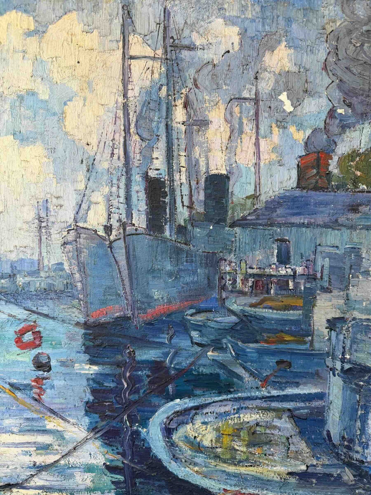 Antique Oil on Canvas - New England Harbor Scene