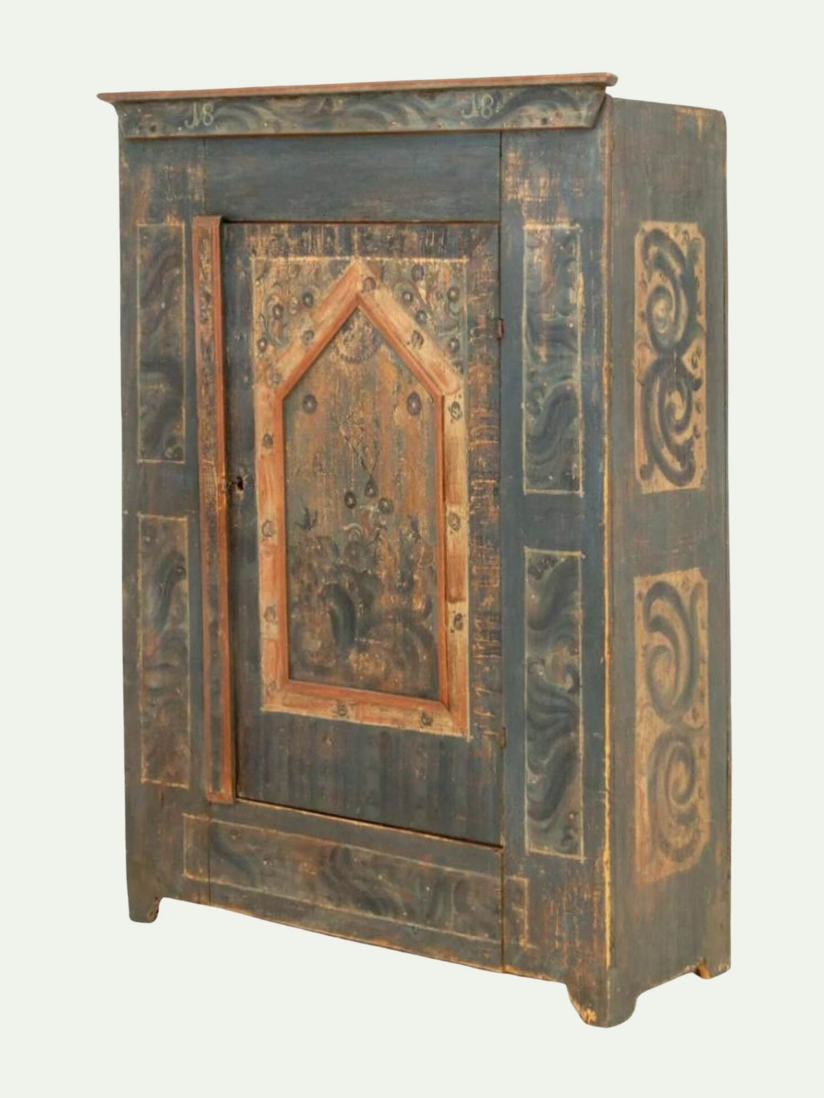 Antique 1818 Alpine Polychrome Painted Pine Wardrobe with Folk Art Decoration