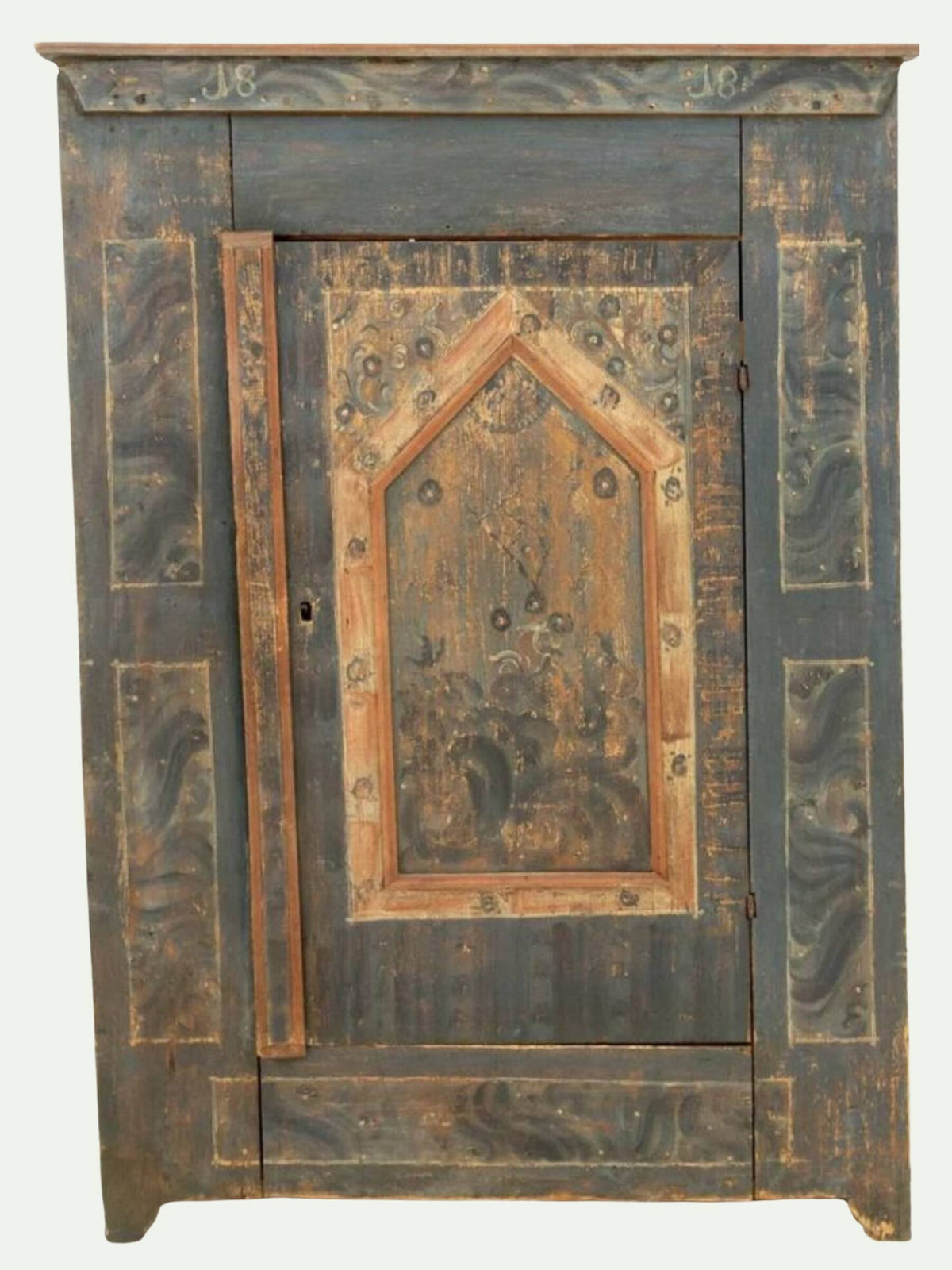 Antique 1818 Alpine Polychrome Painted Pine Wardrobe with Folk Art Decoration