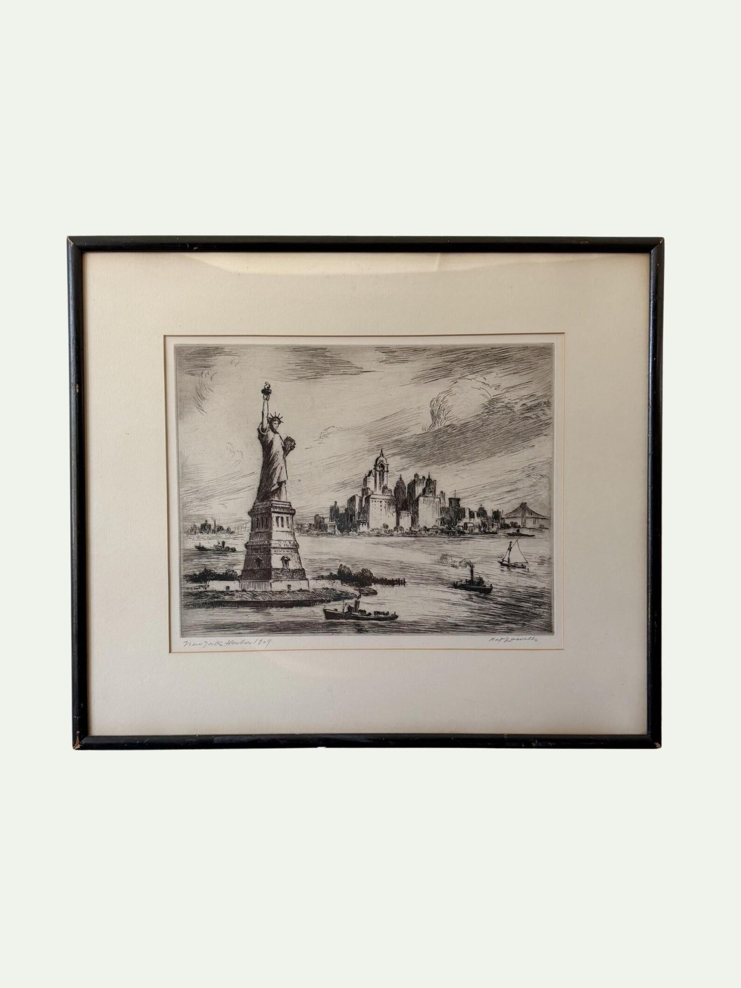 Antique 1909 Illustration of New York Harbor | Signed